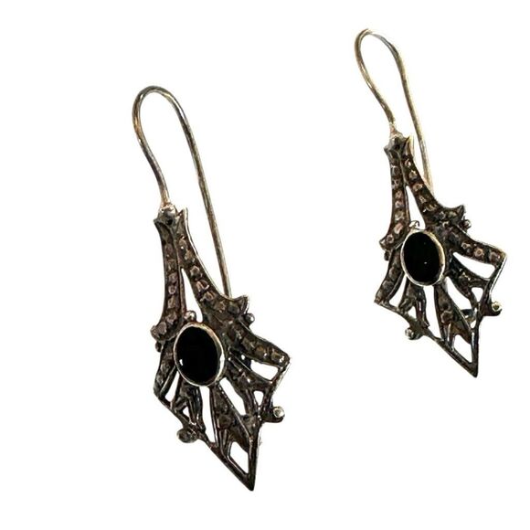 Art Deco Onyx and Marcasite Sterling silver earrings - Picture 1 of 9
